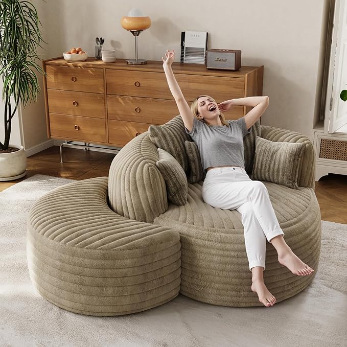 50 Oversized Chaise Lounge Indoor Round Reading Chair Lounge Chair with Ottoman Boneless Sofa Bed Large Fluffy Plush Corduroy Chaise Chair for Living Room Playroom Bedroom Camel