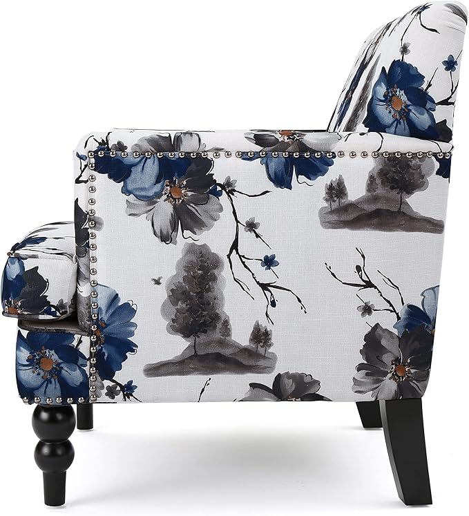 Modern Accent Chair with Arms Wooden Mid Century Upholstered Fabric Single Sofa Chair Armchair High Back Rest Comfortable Cushioned Seat for Living Room Bedroom Floral Print
