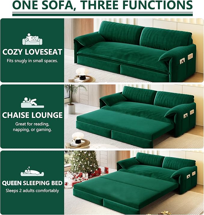 63.8 Futon Sofa Bed Queen Size Pull Out Bed 3-in-1 Convertible Sleeper Sofa with Side Pocket Modern Velvet Futon Couch for Living Room Small Space Apartment Bedroom Green