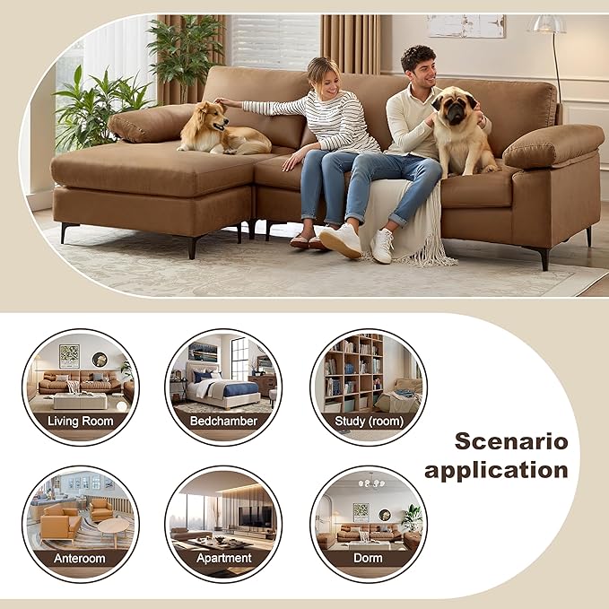 100.8''Sectional Couches for Living Room L Shaped Couch Faux Leather Couch Modular Sofa with Chaise and Back Cushions for BedroomApartment(Brown 100.8'')