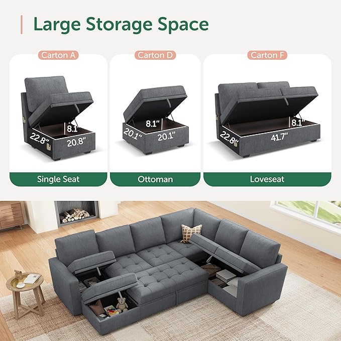 HONBAY Modular Sectional Couch with Pull Out Bed Sleeper Sofa with Storage U Shaped Modular Sectional Couches for Living RoomWarm Bluish Grey
