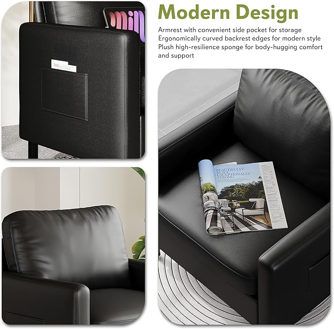 STHOUYN Black Faux Leather Accent Chair Set of 2 with Arms Modern Small Accent Office Chair Waiting Room Chairs for Living Room Bedroom with Metal Legs