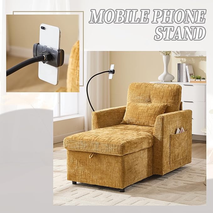 Multifunctional Sofa Recliner Chairs with Storage Cell Phone Bracket Chenille Recliner Chair Bed with Side Pockets and High Backrest Modern Living Room Single Lounge Chair (Mustard Yellow)