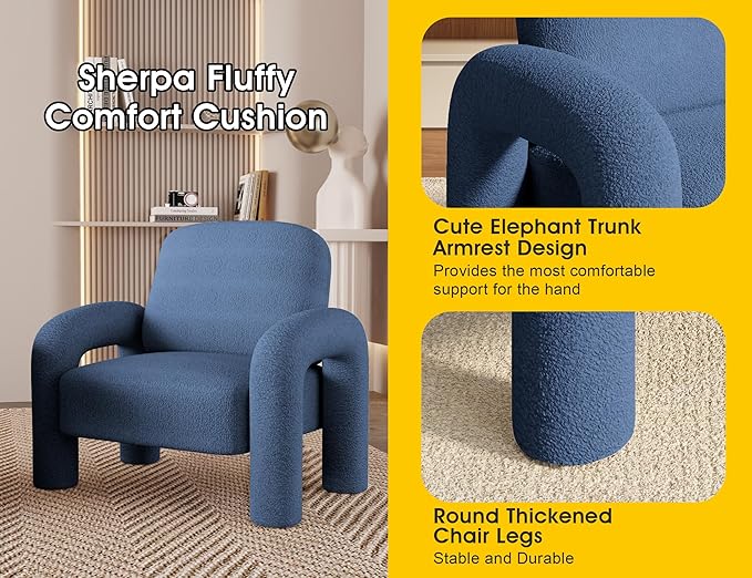 Modern Sherpa Accent Chair Teddy Upholstered Arm Single Sofa Cozy Fluffy Reading Chair for Living Room Bedrooms Corner (Navy Blue)