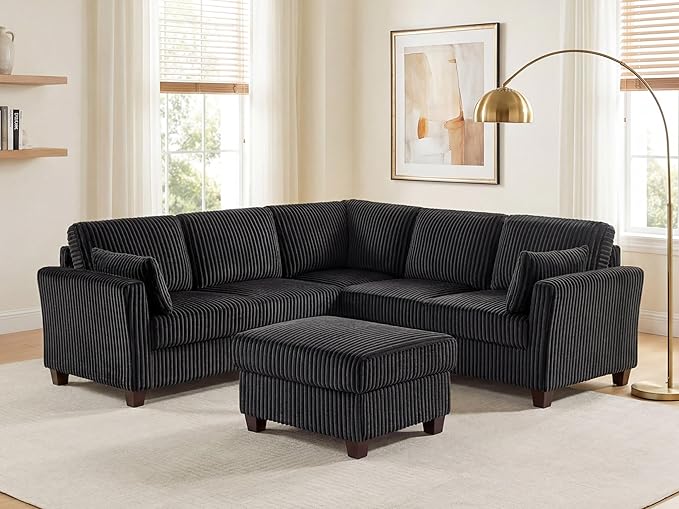 VANOMi Sectional Cloud Modular Sofa Corduroy Fabric L Shape Sofa with Storage OttomanU Shape Sectional Cloud Couch 6-Seat Upholstered Corner Couch for Living Room Charcoal Black | Sectional Cloud