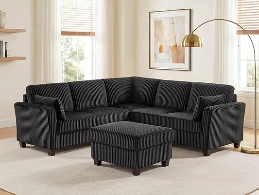 VANOMi Sectional Cloud Modular Sofa Corduroy Fabric L Shape Sofa with Storage OttomanU Shape Sectional Cloud Couch 6-Seat Upholstered Corner Couch for Living Room Charcoal Black | Sectional Cloud
