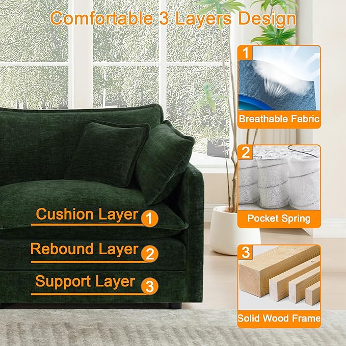146.5 Convertible L Shaped Sectioanl Couch deep Cloud sectional Sofa with Movable OttomanGreen
