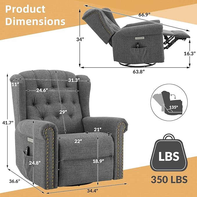 Power Swivel Rocking Glider Recliner Chair Electric Nursery Reclining Sofa Chair with Heat and Massage Wingback Tufted Upholstered Recliner for Living Room USB and Type-C Ports Grey