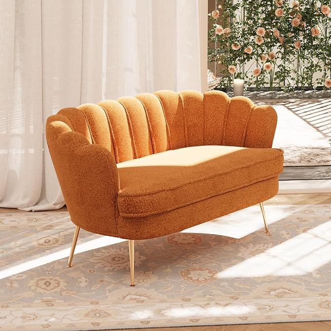 59'' Loveseat Sofa Modern Sherpa Boucle 2-Seater Sofa with Golden Legs Comfy Upholstered Shell Accent Couch for Store Living Room Studio Office (Caramel).
