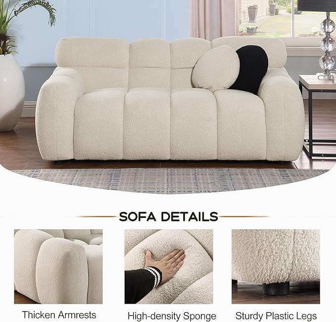 GNIXUU 65” Boucle Cloud Sofa Modern Tufted loveseat Sofa Couch with 2 Pillows Comfy Marshmallow Couches for Small Space Bedroom Apartment Office(Beige)