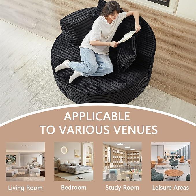 55''Oversized Round Chair Lounge Chaise IndoorCloud Boneless Large Circle Chair with Plush CorduroyNo Assembly RequiredFluffy Modern Sleeper Sofa Bed for ReadingLiving Room(blackFabric Upgrade)