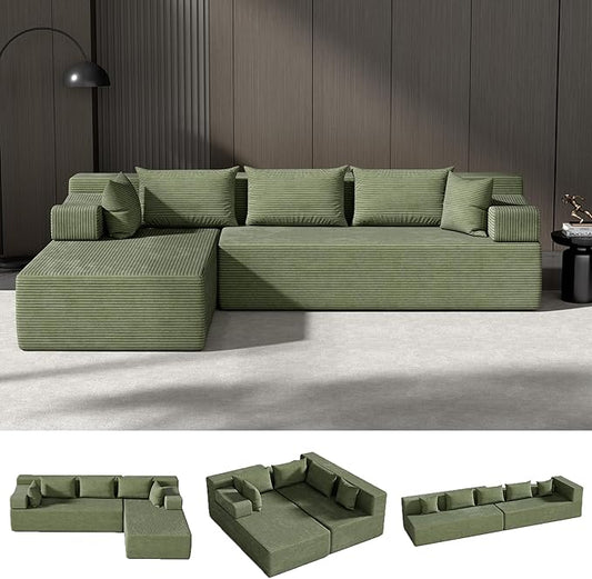 106 Cloud Sectional Couch with L-Shaped Chaise Modular Sectional Sofa with Deep Seat and Removable Armrests Comfy Corduroy Boneless Couches for Living Room No Assembly Required Green