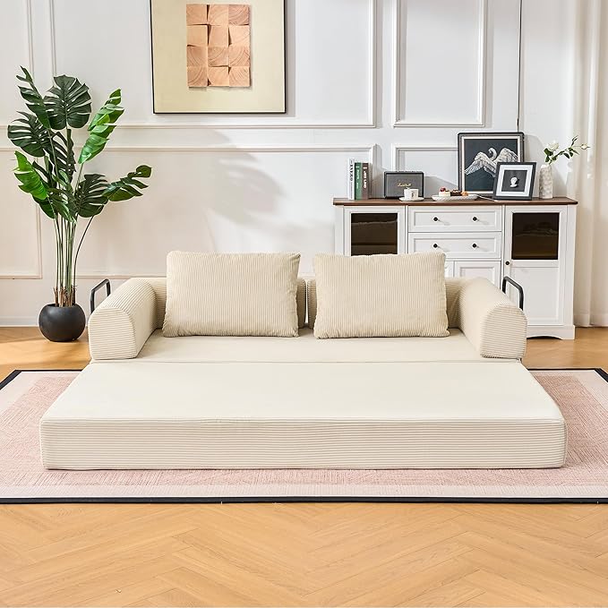 Convertible Sleeper Sofa Bed 78.7 Folding Floor Sofa Mattress Couch with Pillows Corduroy Futon Boneless Couch Lounge Loveseat with Pull Out Bed Beige