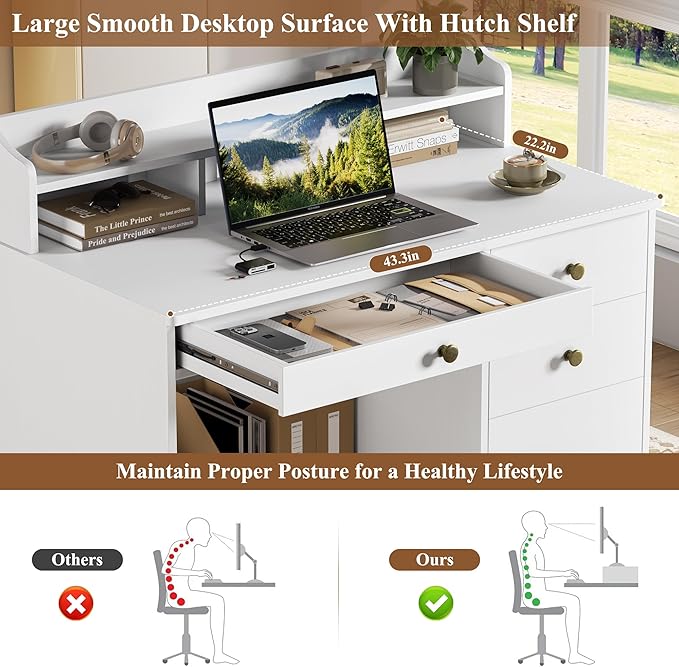 TTVIEW Computer Desk with Drawers and Hutch Shelf Wood Executive Desk Writing Study Table with 43” Wide Tabletop Small Desk with File Drawer for Home Office Bedroom White