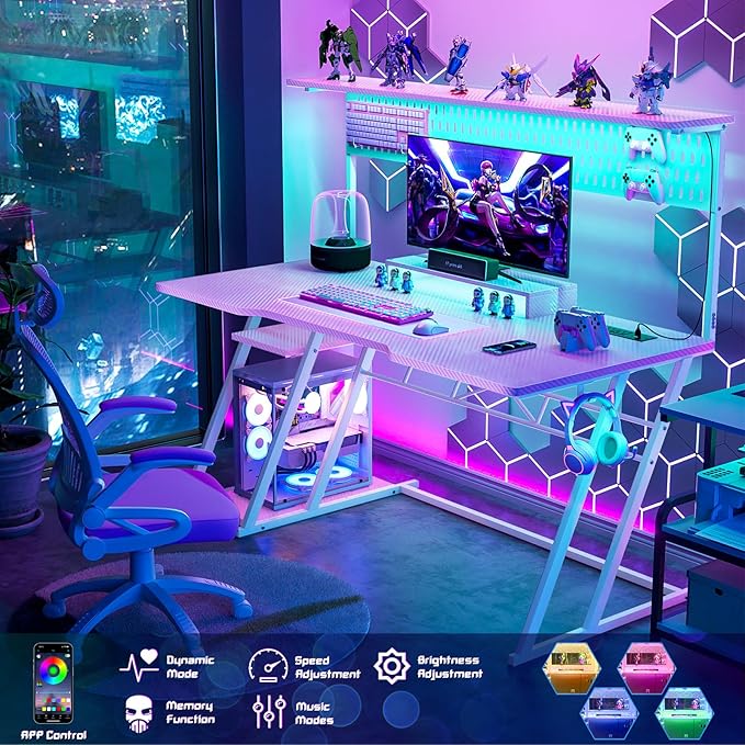 Armocity Pink Gaming Desk with Hutch and LED Lights 53 Computer Desk with Storage Shelves Reversible PC Gaming Desk with Pegboard Gamer Desks for Bedroom Carbon Fiber Surface