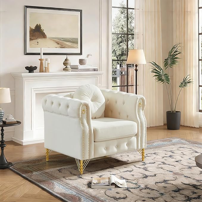 Chesterfield Velvet Button Tufted Sofa 37 inch Modern Deep Seater Couch Retro Style Upholstered Comfy Single Chair for Living Room Bedroom Apartment Office Beige