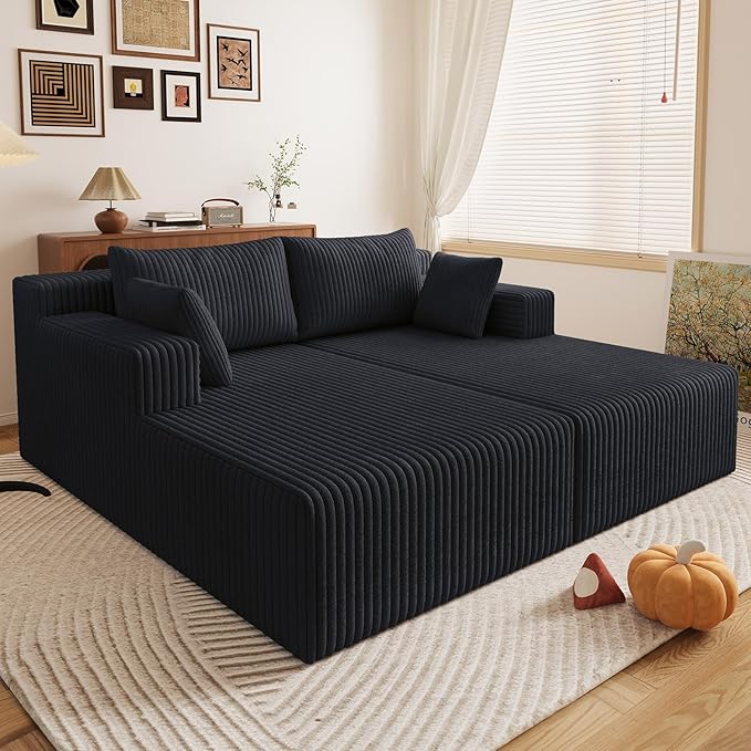 71Oversized Chaise Lounge ChairSectional Double Lounge Chaise with Pillows Upholstered Corduroy Boneless Lounge Chair Fluffy Modern Loveseat Sleeper Sofa for Living Room or Bedroom (Black)
