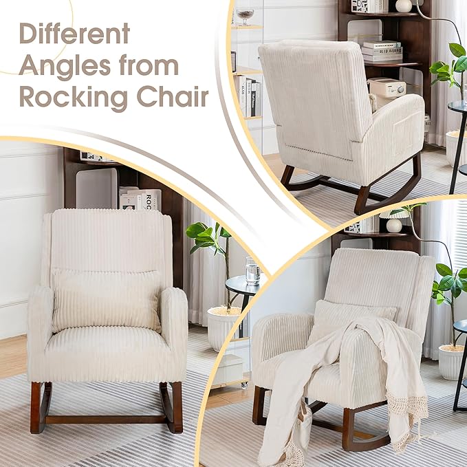 COCO DESIGN Corduroy Upholstered Rocking Chair for Nursery - Padded Seat &amp Back Sturdy Wood Rockers for Living Room Nursery Bedroom Relaxation (Beige)