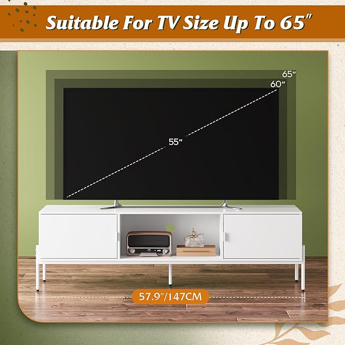 WLIVE TV Stand for 65 Inch TV Mid Century Modern Entainment Center with 2 Storage Cabinets &amp Open Shelf TV Console Table Media with Metal Legs for Living Room Bedroom White