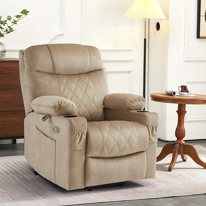 MCombo Small Size Triple Motor Power Lift Recliner Chair Sofa with Massage and Dual Heating Adjustable Headrest for Elderly People Petite USB Ports Extended Footrest Fabric 7222 (Beige)