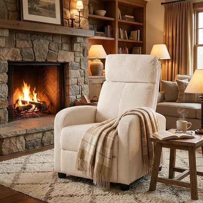 Furnimart Small Manual Recliner for Small Spaces Corduroy Reclining Chair with Chunky Overstuffed Cushion Single Sofa Recliner for Adults for Home Theater Living Room Bedroom Beige