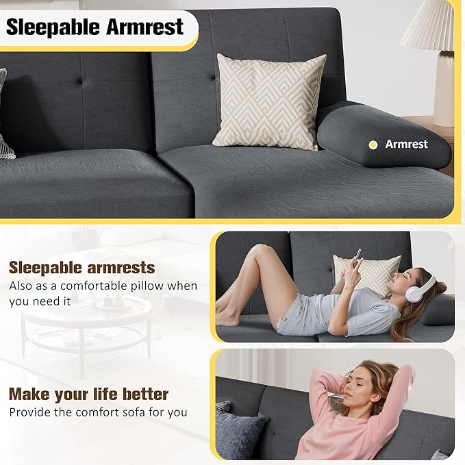 JY QAQA Sectional Couche with Soft Cushion U-Shaped Sofa with Double Chaise 4-Seat Linen Fabric Sofa Sets for Living Room Apartment Black