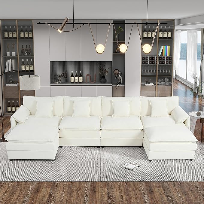 144 Modular Sectional SofaU-Shaped Chenille Sofa Couch with Movable OttomanModern 6 Seat Cloud Sectional Couches for Living Room Office Home (Beige 144 U-6 Seater)