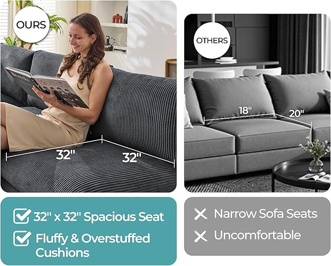 Jocisland Oversized Modular Sectional Sofa with 32 Deep Seat 6 Seater Sectional Couch Modular Sofa for Living Rooms Tool-Free Assembly Flexible Modular Couch Layout-Corduroy Gray