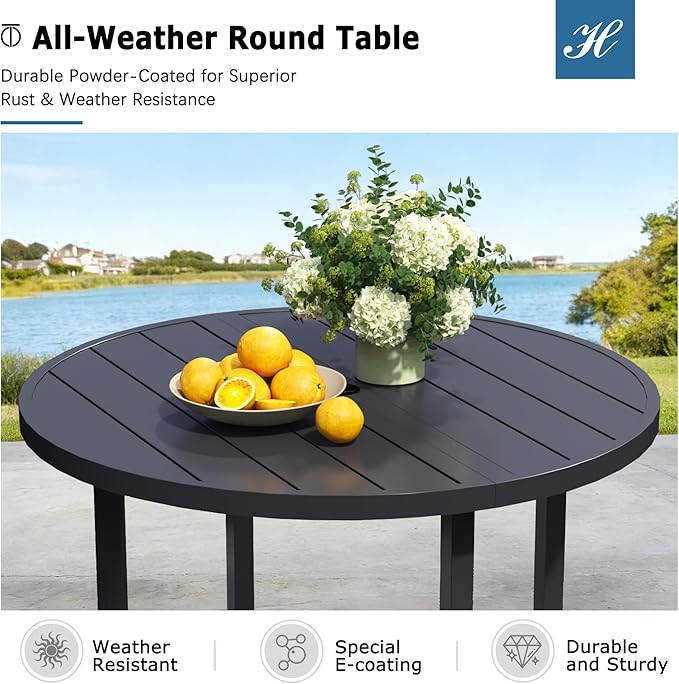 47 Round Patio Dining Table for 6 All-Weather Metal Patio Table with Umbrella Hole Outdoor Round Dining Table for Lawn Garden Porch Black