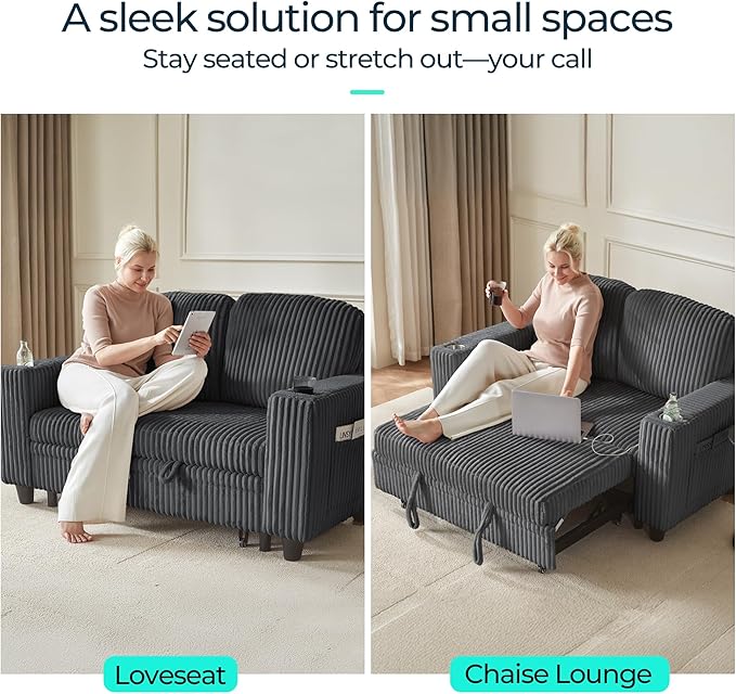LINSY HOME Loveseat Sofa with Pull Out Couch: 2-in-1 Convertible 2 Seater Sofa Chaise with USB Charging &amp Cup Holders Comfy Plush Corduroy Love Seat for Small Spaces Living Room Apartment Grey
