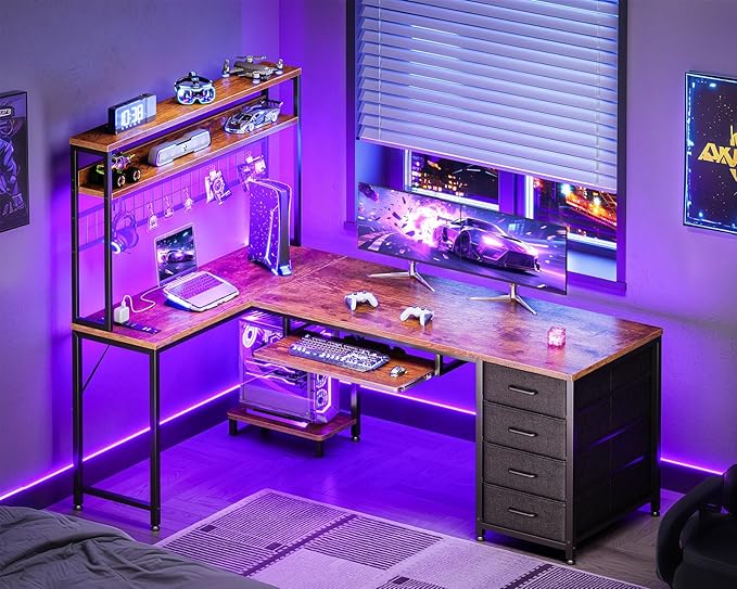 AODK 59 Inch L Shaped Desk with 4 Drawers Gaming Desk with Led Lights &amp Power Outlets Computer Desk with Pegboard Reverisble Home Office Desk with Storage Shelves &amp CPU Stand Vintage