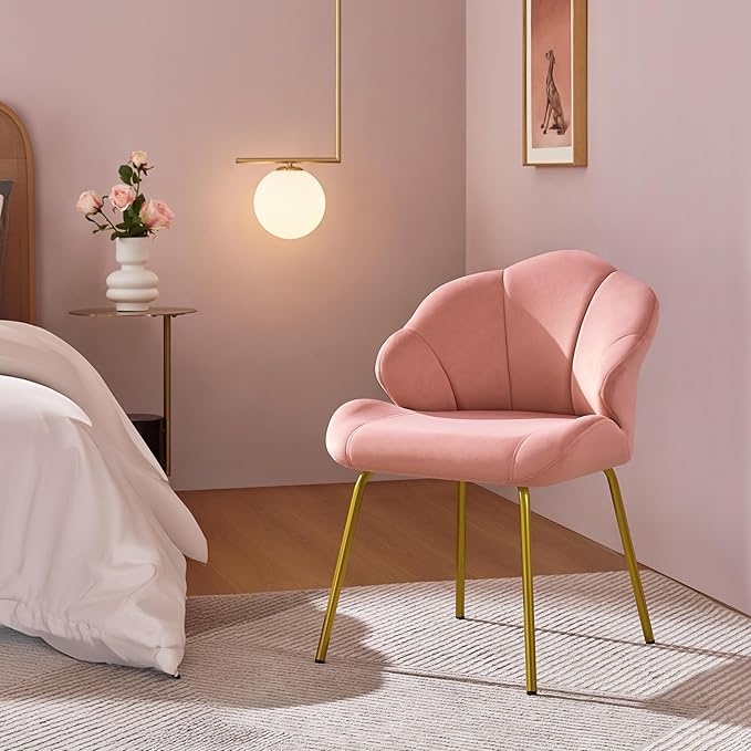 Yaheetech Vanity Chair Velvet Accent Chair with Shell-Shaped Backrest Modern Armchair with Gold Metal Legs for Dressing Room/Bedroom/Living Room Pink