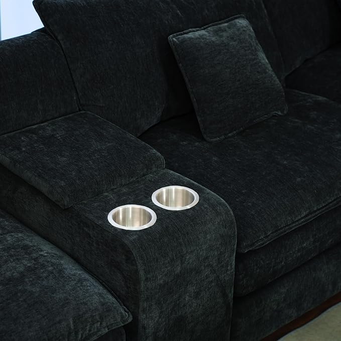 Oversized L-Shaped Modular Sectional Sofa with Storage Armrest Reversible Couch with Movable Ottoman USB Ports Cup Holders 360°Swivel Tray Comfy Cloud Cushions for Living Room (Black 144.49)