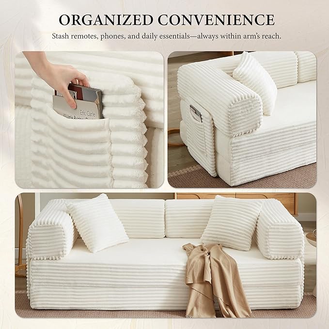 Boneless Couch Folding Couches for Living Room Sofa Futon Sofa Bed with Sleeper Sofa Futon Couch with Fixed-Shape Oversized Corduroy Upholstered (White 81 Inches)