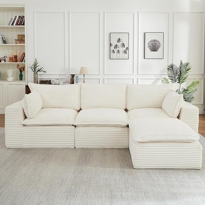 Modern L Shape Boneless Couch 109.4 Modular Sectional Sofa with Ottoman Comfy Corduroy Cloud Sofa with Deep Seat &amp Double-Layer Cushion Convertible 4 Seater Sleeper Couches for Living Room Wh