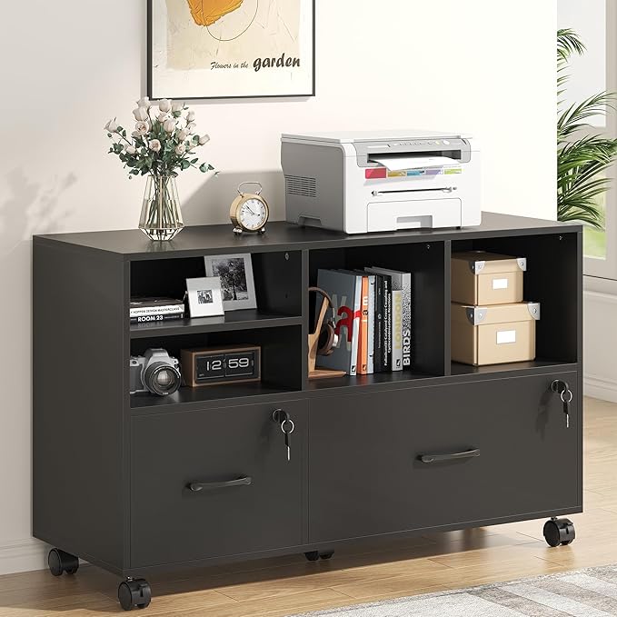 2 Drawer Wood Mobile Large Lateral File Cabinet Lockable Rolling Filing Cabinet with Storage Shelves Printer Stand Office Storage Cabinet for Home Office Fits Files Legal/A4 Black