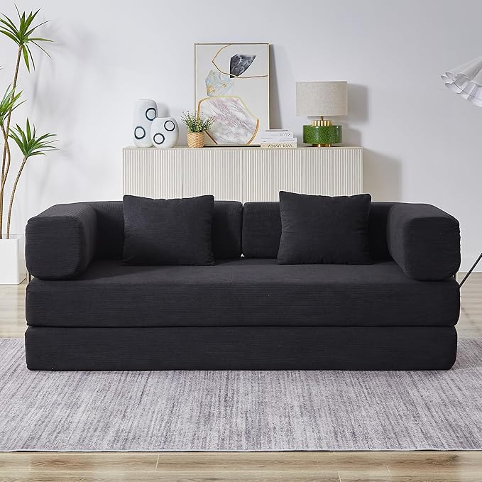 Convertible Couch Sofa Bed Foldable Floor Sleeper | All High-Density Foam | Fold Out Deep Seat Couch | King Size | Compression Sofa Sleeper for Living Room Bedroom | Corduroy Black