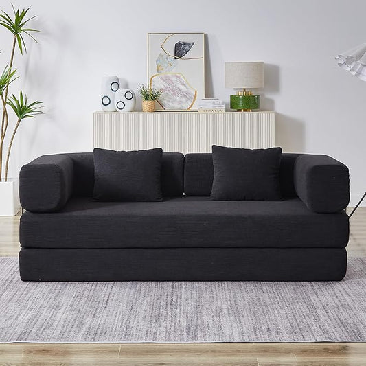 Convertible Couch Sofa Bed Foldable Floor Sleeper | All High-Density Foam | Fold Out Deep Seat Couch | King Size | Compression Sofa Sleeper for Living Room Bedroom | Corduroy Black