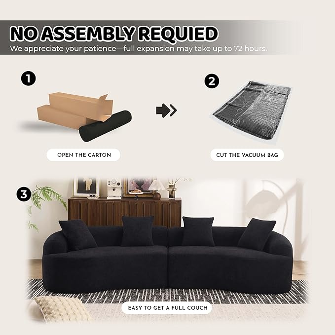 110 Black Curved Boneless Couch with Cushions Modern Cloud Sofa for Living RoomChenille Sectional Minimalist Deep Seat Luxurious No Assembly