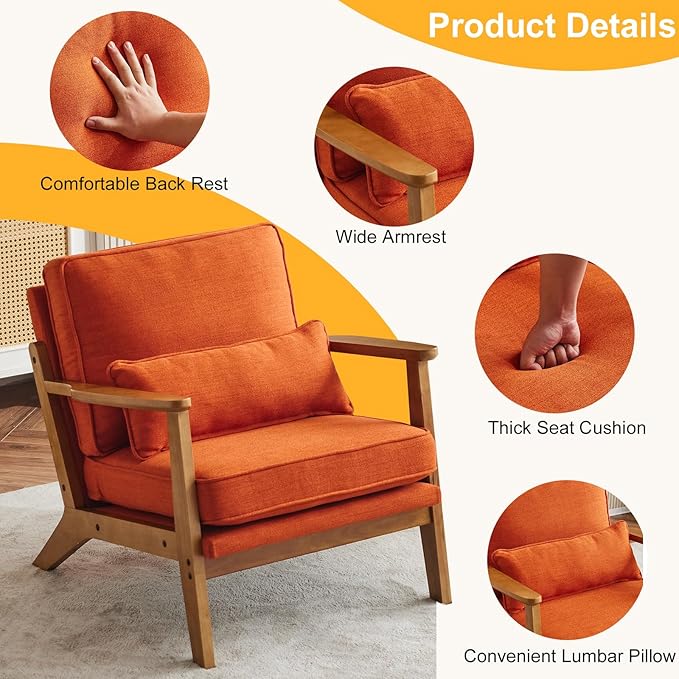 Karl home Accent Chair Wide Armrest Mid-Century Lounge Chair Linen Fabric Armchair with Lumbar Pillow &amp Solid Wood Frame for Living Room Bedroom Balcony Burnt Orange