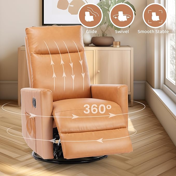 Swivel Recliner Chair Rocker Glider Chair for Living Room Office Faux Leather Recliner Chair Nursery Glider with Large Footrest Upholstered Deep Seat Single Sofa Chair High Back Brown