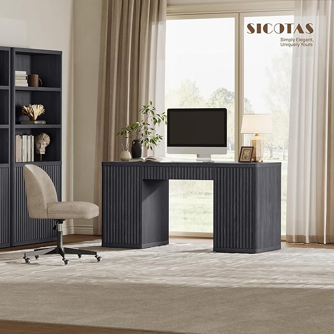 SICOTAS 61 Large Office Computer Desk with Storage Modern Home Office Desks with Drawer &amp Doors Fluted Desks Executive Desk Wooden Writing Table Vanity Table for Living Room Bedroom Black Alder