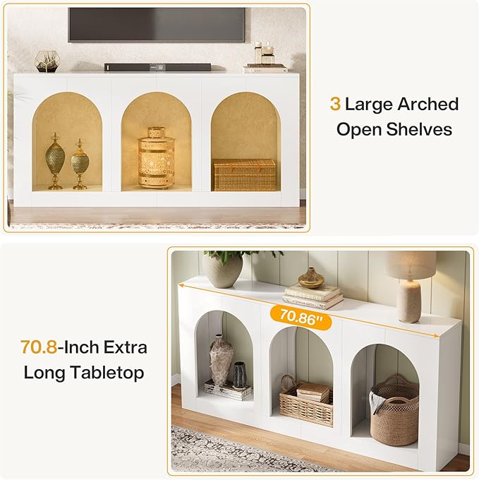 Tribesigns 70.9 White Console Table with Storage Wood Entryway Entry Table with 3 Arched Shelves for Foyer Hallway Living Room Behind Couch Sofa Narrow Long