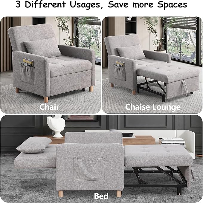 Sleeper Chair Convertible to Bed with Adjustable Backrest Pull Out Sofa Linen Fabric Side Pocket for Bedroom Living Room Apartment