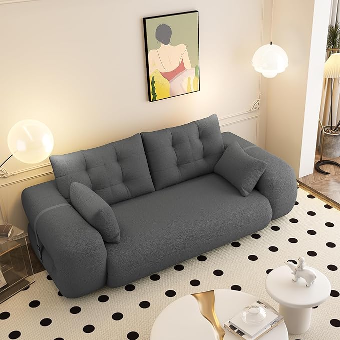 78.7 Convertible Sofa Bed 3-in-1 Folding Floor Couch with 4 Pillows Sleeper Sofa for Living Room and Guest Bed No Assembly Required (Grey Teddy Fabric)