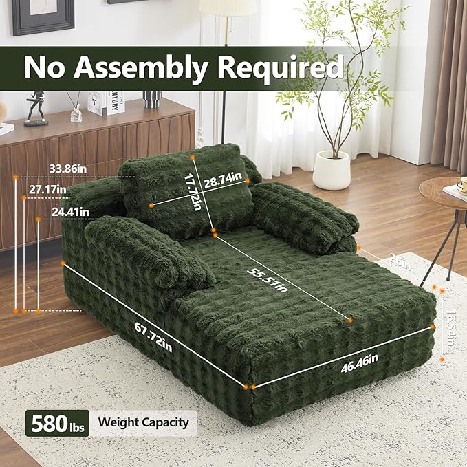 VINGLI 67.7 Oversized Chaise Lounge Chair Indoor Reading Chairs Comfy Bubble Fleece Upholstered Boneless Sofa Bed Sleeper Sofa Cloud Couches for Living Room Bedroom Play Room (Green)