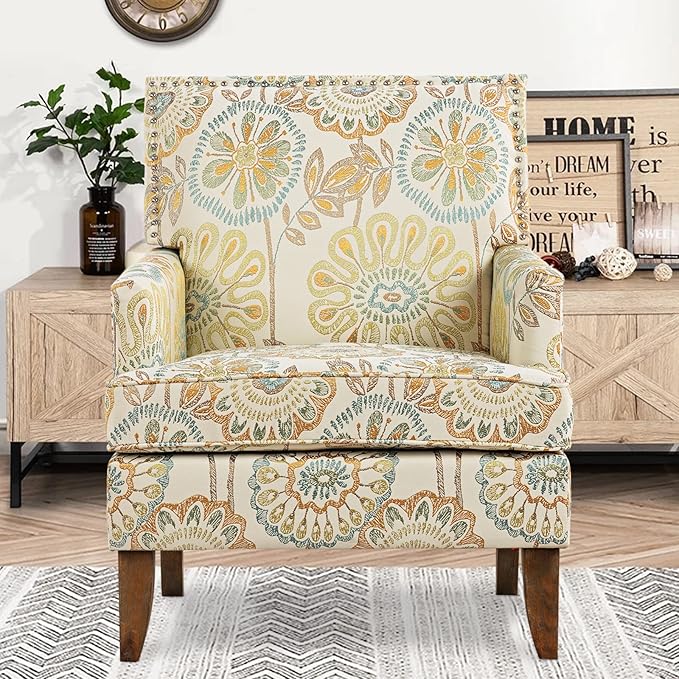 Modern Wingback Accent Club Chair with Floral Fabric Upholstery Comfortable Reading Chair for Living Room &amp Bedroom Single Seater Sofa with Cushion (Yellow pattern)