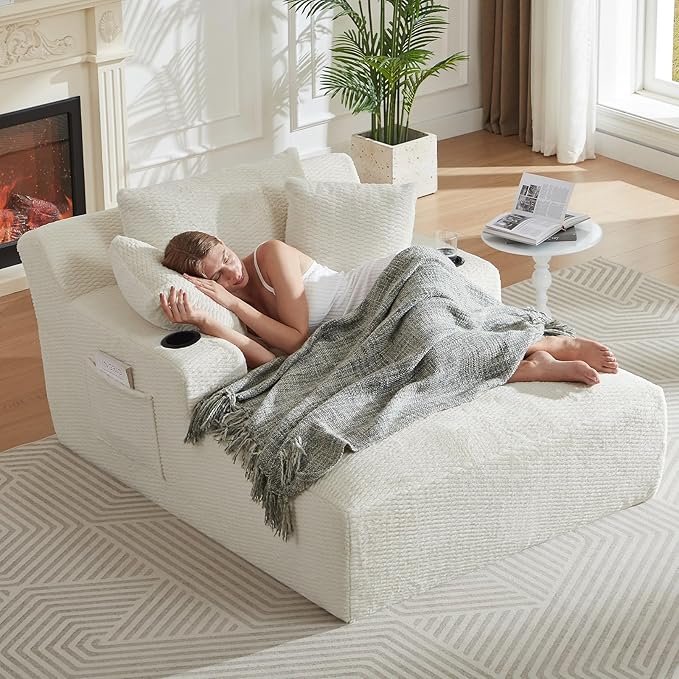 66 Oversized Chaise Lounge Chair Indoor Modern Upholstered Deep Seat Sofa Bed Sleeper Couch Reading Chairs Comfy Corduroy Cloud Sofas Couches for Living Room No Assembly Cream