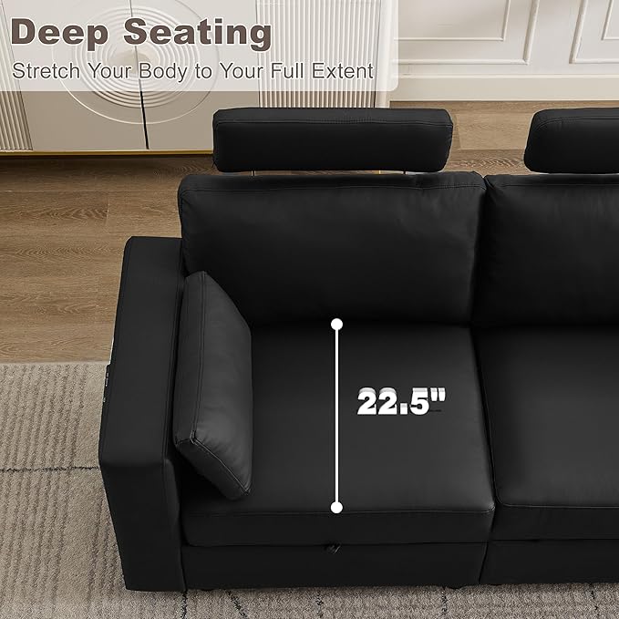 98.2 Oversized 3 Seater Storage Couch Faux Leather Modular Sectional Sofa with Headrest &amp Side Pockets Cloud Upholstered Couches Deep Seat Sofas for Living Room Apartment Small Spaces Black