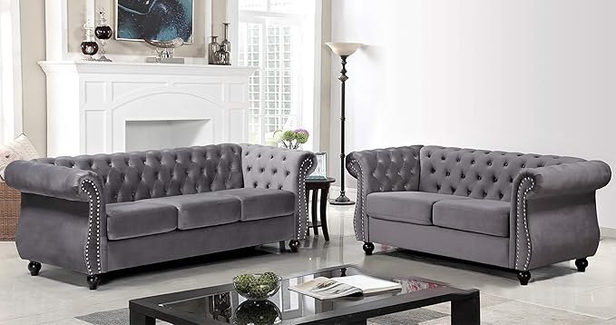 Feinstein Modern Velvet Chesterfield Couches for Living Room with Nailheads Diamond Tufting &amp Durable Metal Frame Loveseat Gray